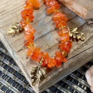 Vintage Orange Beaded Stone with Leaf Leaves Charms Bracelet Orange Carnelian